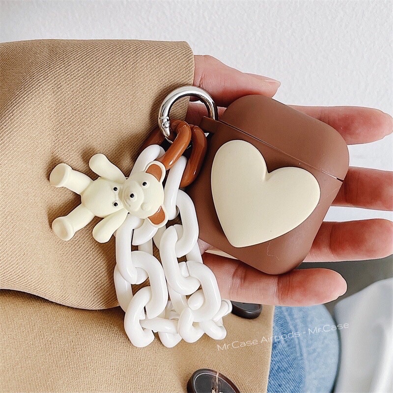 Case Airpods 1/2 /Pro Vỏ Ốp Tai rNghe Hình Tim Nâu Kèm Móc Khoá gấu Xinh - Mr.Case AirPods