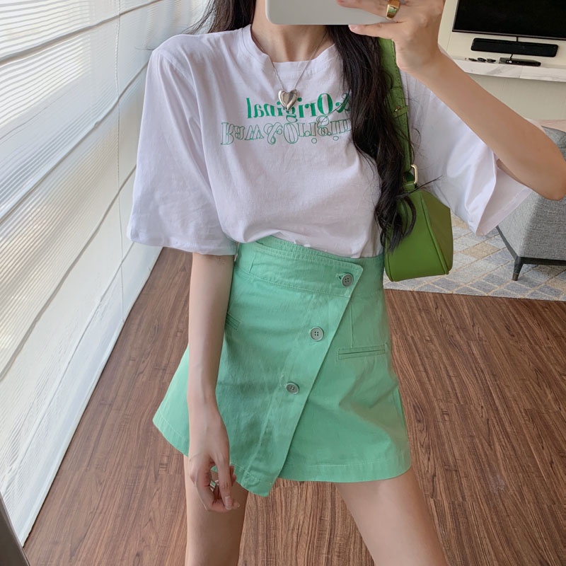 Set Áo Thun Ngắn Tay In Chữ + Chân Váy Chữ A Thời Trang Hàn Quốc Cho Nữ