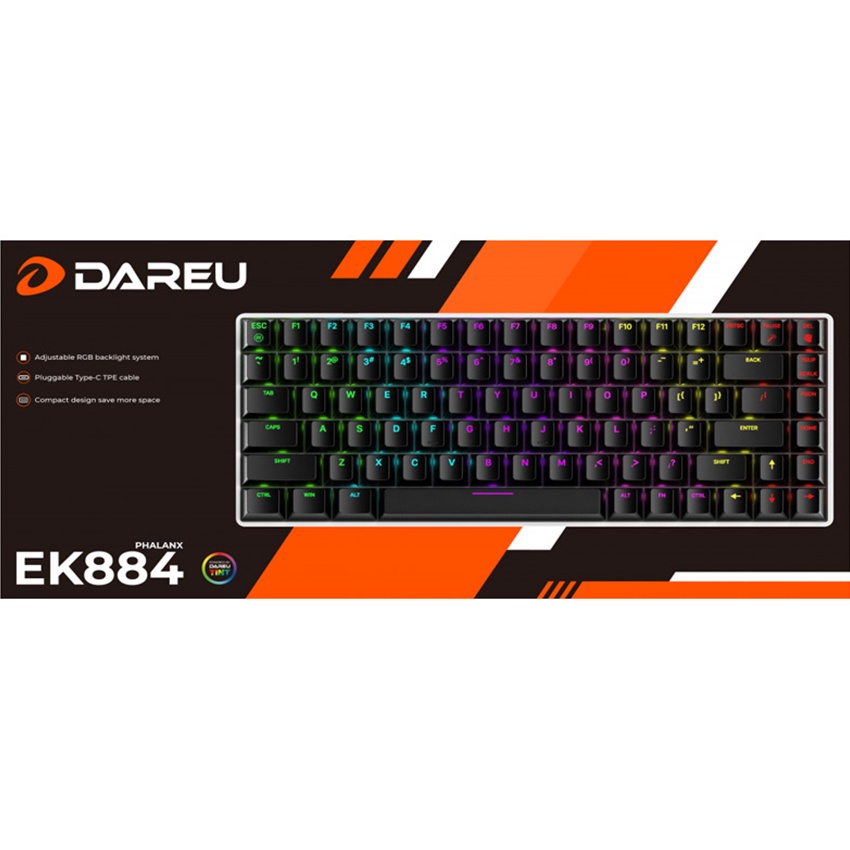 Bàn phím cơ Dareu EK884 RGB Black, Cáp type C có thể tháo rời, Thiết kế layout 75% 84 phím gọn gàng