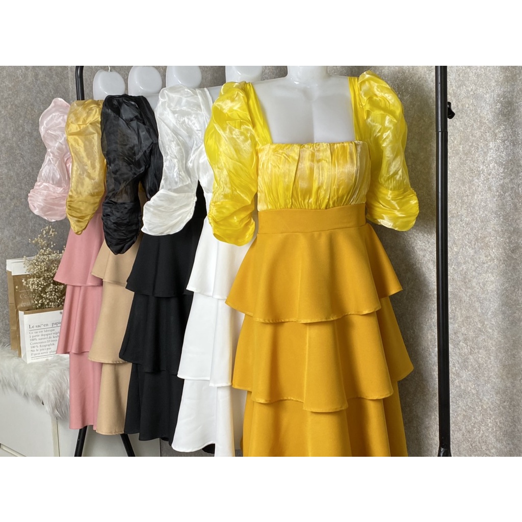 Đầm Thiết Kế Dự Tiệc Sang Trọng, Váy Đầm Nữ Dáng Dài Cổ Vuông Tay Phồng Phân Tầng Điệu Đà Nữ Tính Mặc Đi Đám Cưới- Tiệc