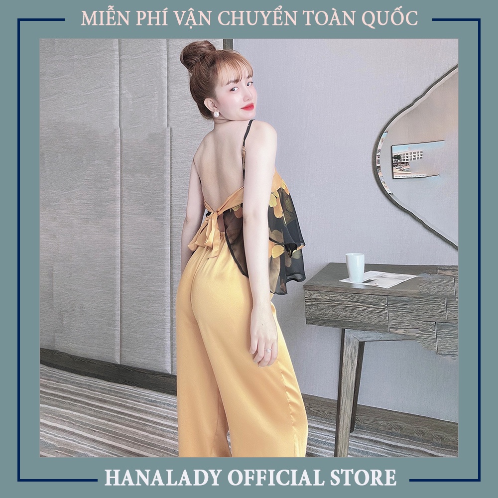 Bộ đồ ngủ nữ, áo 2 dây lụa phối quần dài cao cấp V477