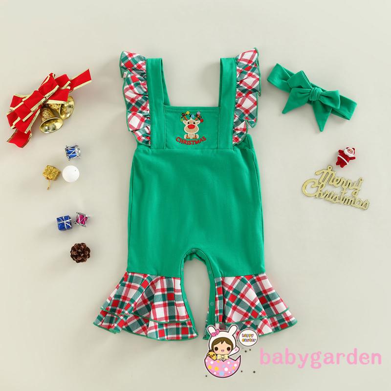 Bộ Áo Liền Quần Cổ Vuông In Họa Tiết Giáng Sinh Kèm Băng Đô Cài Tóc Xinh Xắn Cho Bé Gái 3-24 Tháng Tuổi