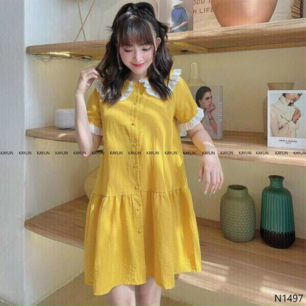 [ Miễn phí ship 2022 ] Đầm vàng babydoll tay búp , đầm bánh bèo nút cổ bèo phối ren dáng xòe tiểu thư xinh xắn