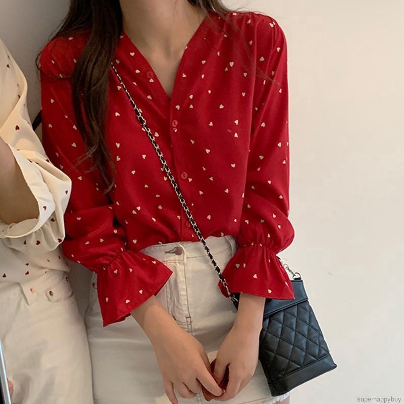 Áo sơ mi tay loe dài hoạ tiết trái tim thời trang cho nữ