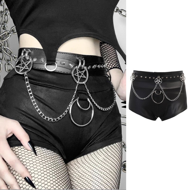 Quần Short Da PU Mỏng Màu Đen Lưng Cao Phối Dây Xích Và Ngôi Sao Kim Loại Phong Cách Gothic Harajuku Gợi Cảm Cho Nữ