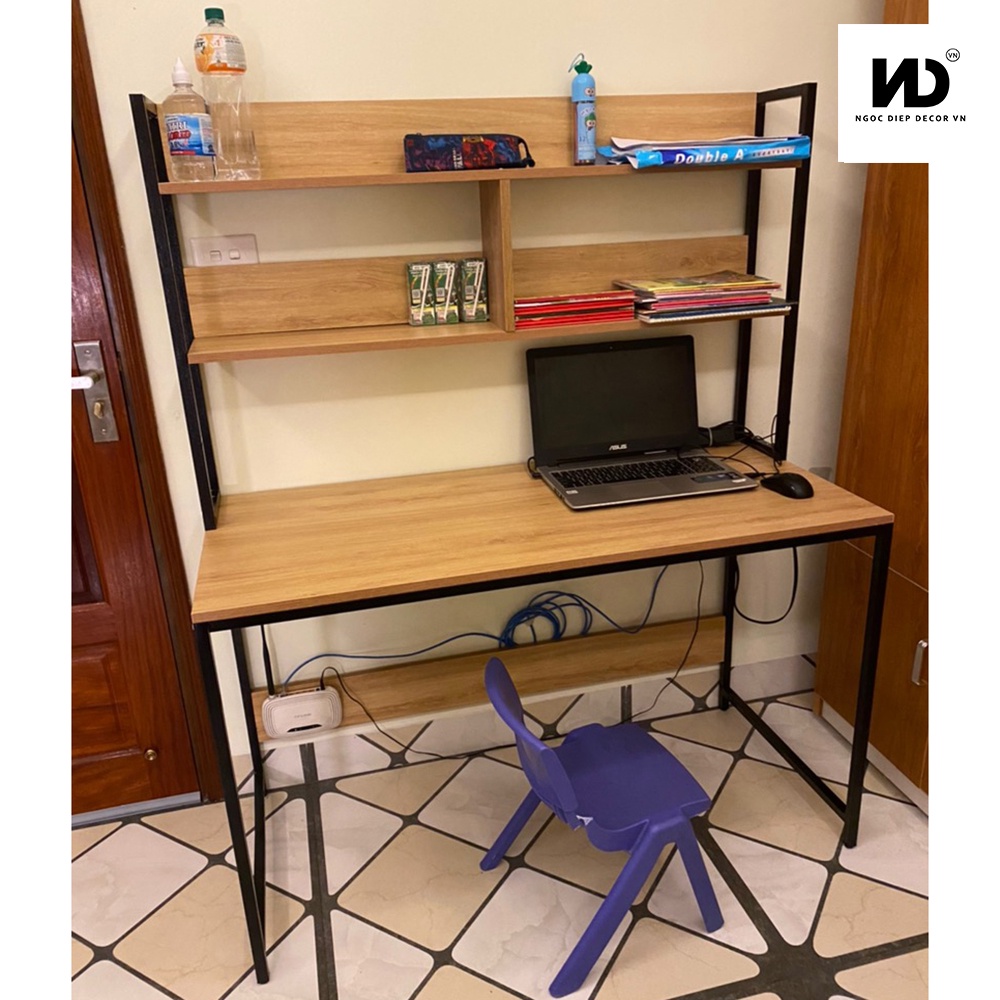 Bàn làm việc khung sắt có giá sách, dễ dàng lắp ráp, mặt bàn dày 17li, bàn học cho bé, có hướng dẫn lắp