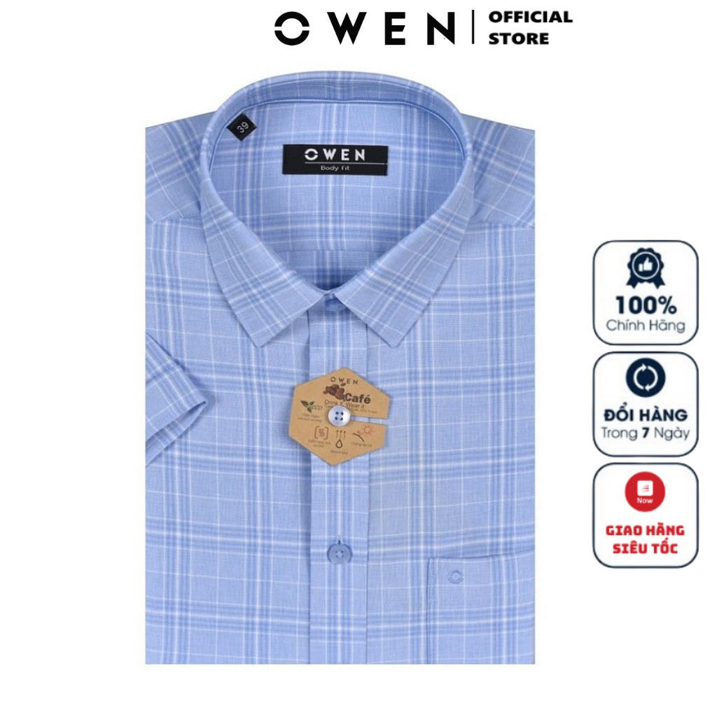 Áo Sơ Mi Nam Ngắn Tay Owen BA22718NT Somi Cộc Tay Công Sở Cao Cấp Xanh Nhạt Kẻ Caro To Chất Cafe Dáng Body Fit Tà Bằng
