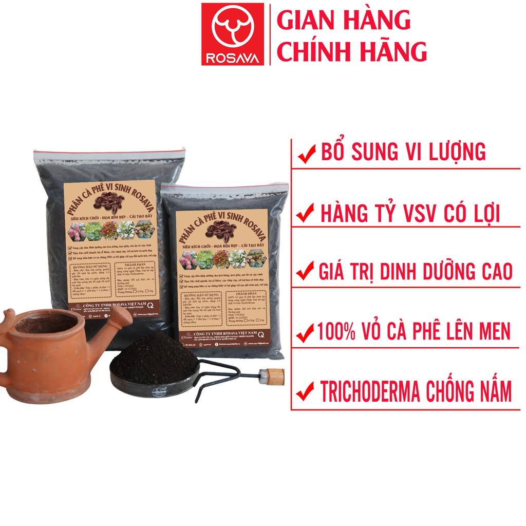 Phân bón hữu cơ vỏ cà phê lên men Rosava cho hoa hồng, lan, sen đá, giấy, cây cảnh và rau sạch