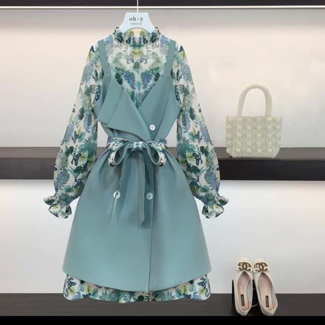 [Mã WAMT1505 giảm 10K đơn 0K] Set váy hoa xanh kèm sơ mi voan cổ bèo hàng cao cấp