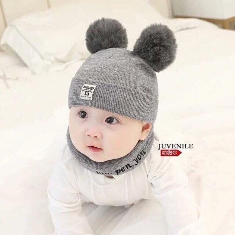 Mũ len cho bé, set mũ len kèm khăn cổ, mũ len tai gấu,set mũ len cho bé
