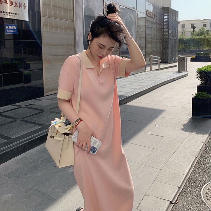 Đầm suông dài trung bình cổ bẻ dáng rộng chất liệu dệt kim màu trơn có size lớn thời trang mùa hè cho nữ