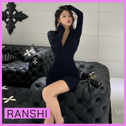 Đầm Body Dài Tay Sexy Cổ Polo RANSHI Váy Ôm Sát Có Hai Màu Đen Và Trắng Siêu Xinh Chất Thun Gân Dày Dặn - RBD044