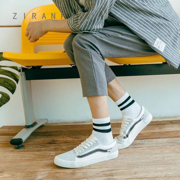 Tất cổ cao Muzini tất trơn cao cổ họa tiết viền cổ kẻ phong cách Hàn Quốc TK01