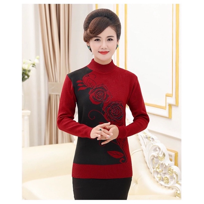 Áo len trung niên nữ phối hoa sang trọng thanh lịch_áo ấm mùa đông cho bà cho mẹ | BigBuy360 - bigbuy360.vn