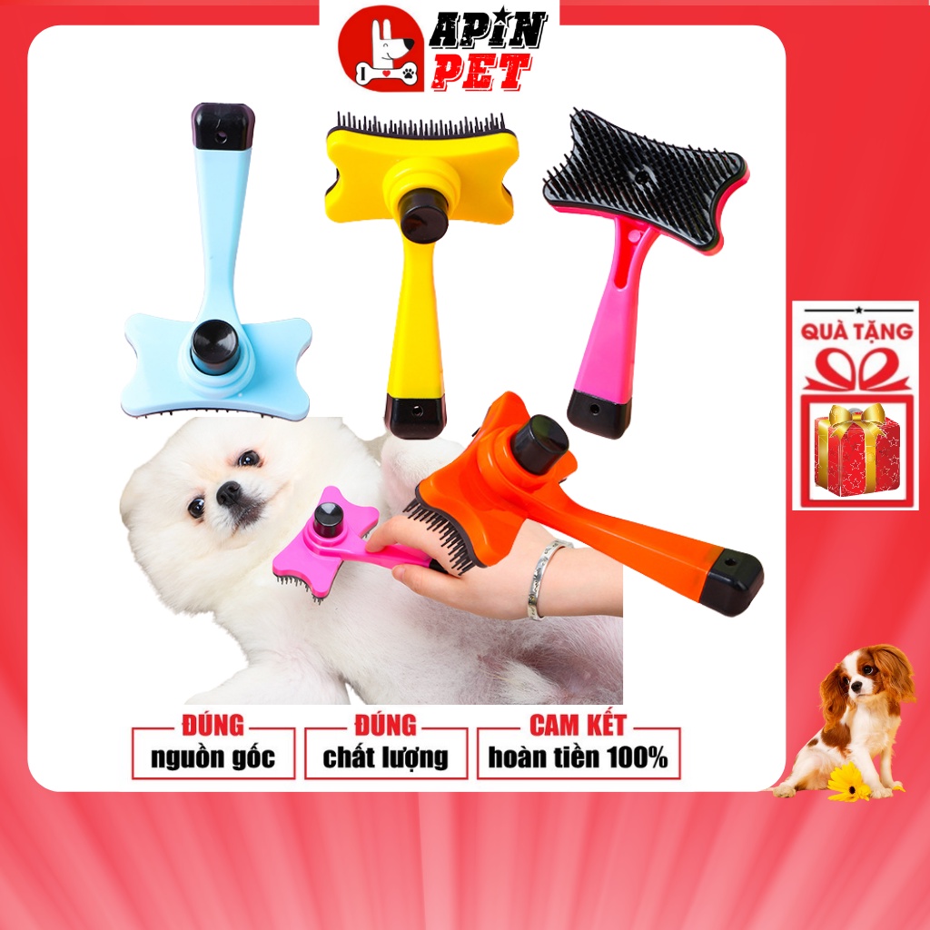 Lược Chải Lông Chó Mèo Có Nút Bấm 4 màu sắc xanh đỏ vàng hồng-Shop Apin Pet