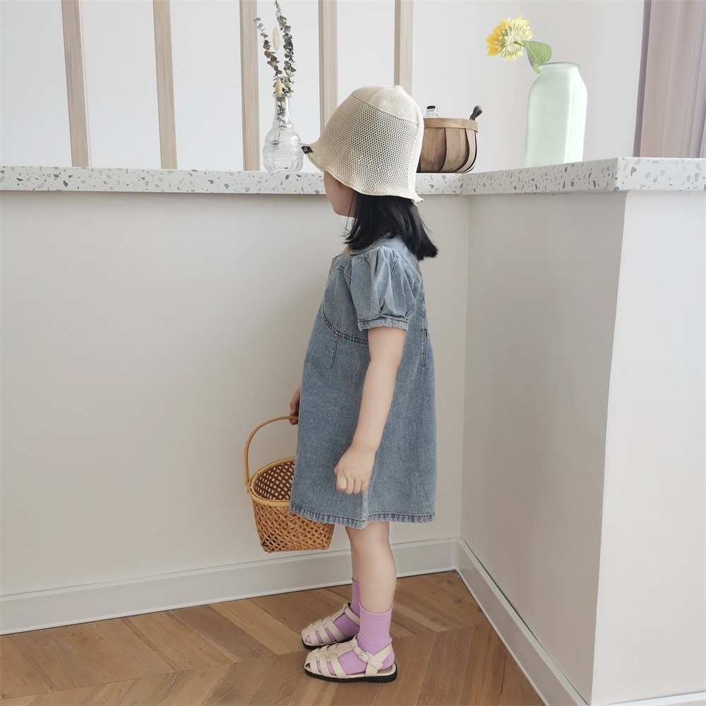 Đầm Denim Tay Phồng Đơn Giản Phong Cách Hàn Quốc Cho Bé Gái