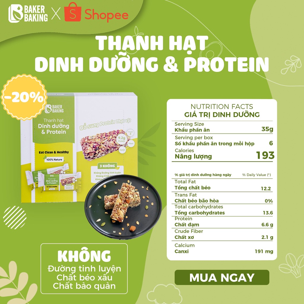 Thanh hạt Protein Eat Baker Baking - Eat clean ăn kiêng Healthy cung cấp Protein hỗ trợ ăn kiêng, giảm cân