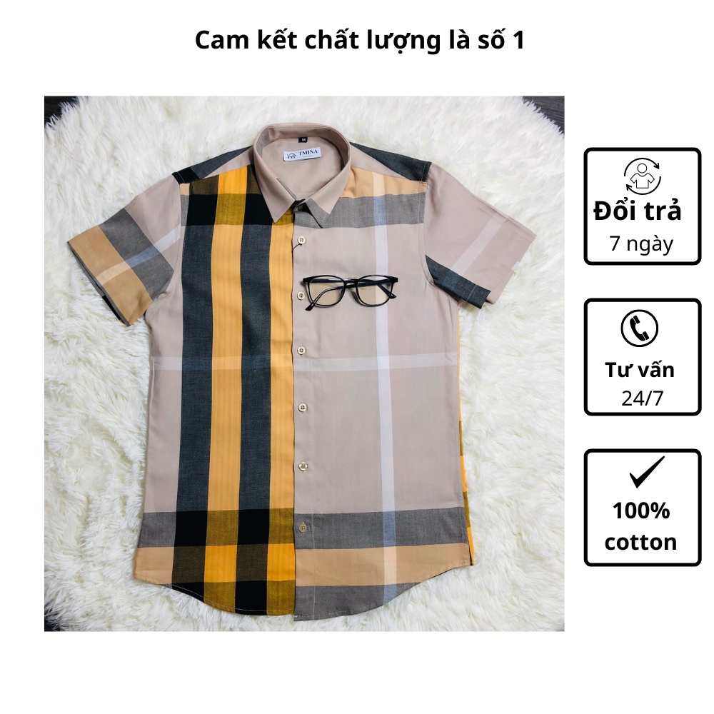 Áo sơ mi kẻ burberry nam tay ngắn vải cotton , bbr cộc tay kẻ to thoáng mầu đen SMC01