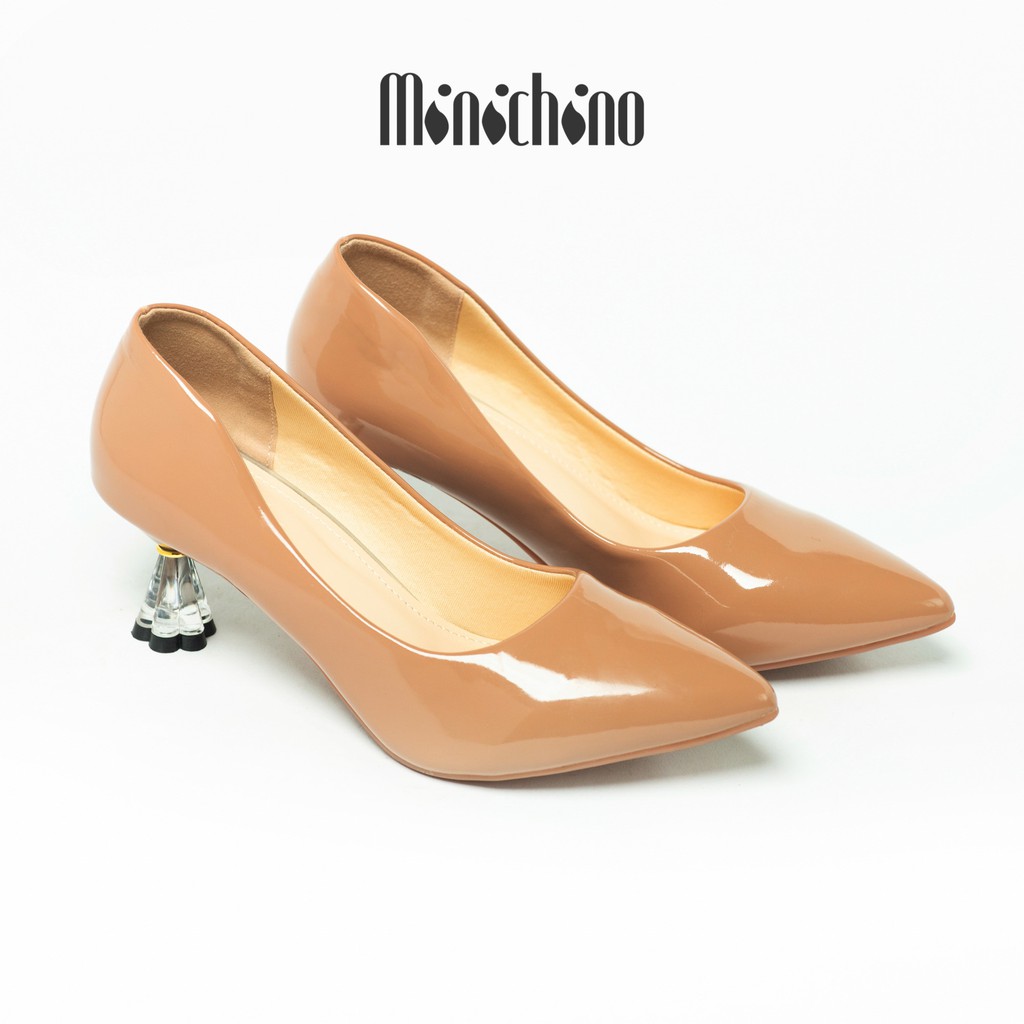 Giày cao gót nữ cao 5cm MINICHINO gót hoa, mũi nhọn thời trang da bóng màu nâu TC016