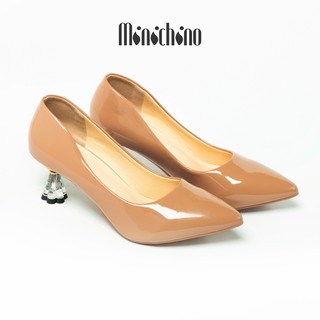 Giày cao gót nữ cao 5cm MINICHINO gót hoa, mũi nhọn thời trang da bóng màu nâu TC016