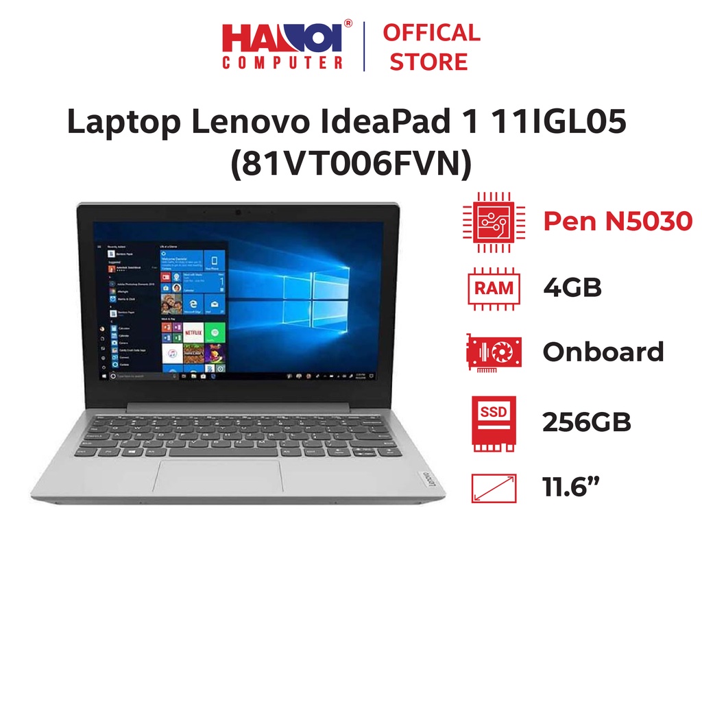 Laptop Lenovo IdeaPad 1 11IGL05 (81VT006FVN) (Pen N5030/4GB RAM/256GB SSD/11.6 HD/Win11/Xám)