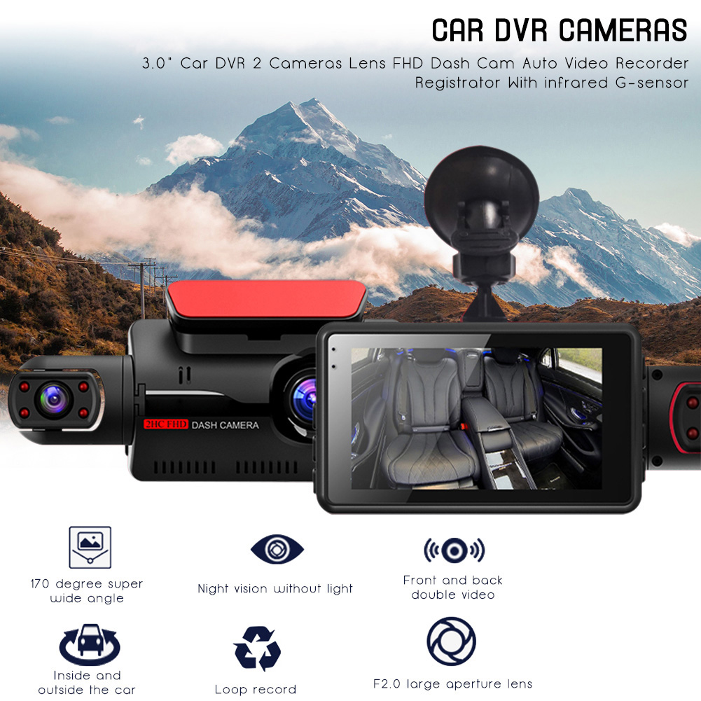 3.0 "Xe hơi DVR 2 Máy ảnh Ống kính FHD Dash Cam Máy ghi hình tự động ghi hình với cảm biến G hồng ngoại