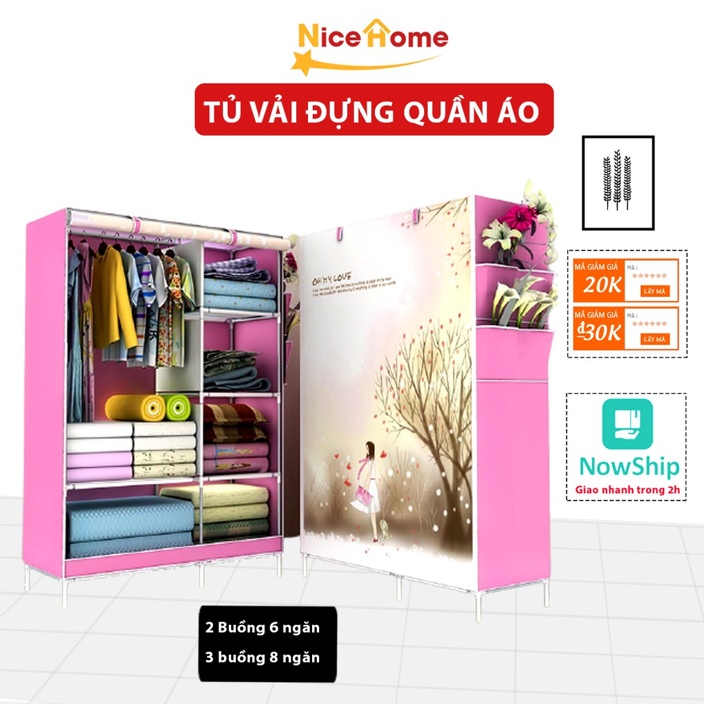 Tủ vải đựng quần áo 2 buồng 6 ngăn, tủ quần áo vải bạt 3 buồng 8 ngăn in hình 3D họa tiết ngẫu nhiên