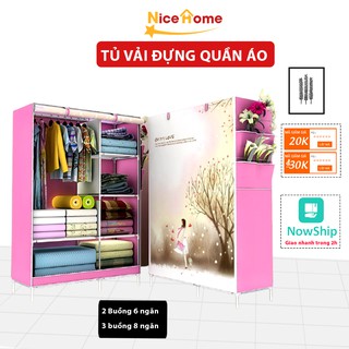 Tủ vải đựng quần áo 2 buồng 6 ngăn, tủ quần áo vải bạt 3 buồng 8 ngăn in hình 3D họa tiết ngẫu nhiên