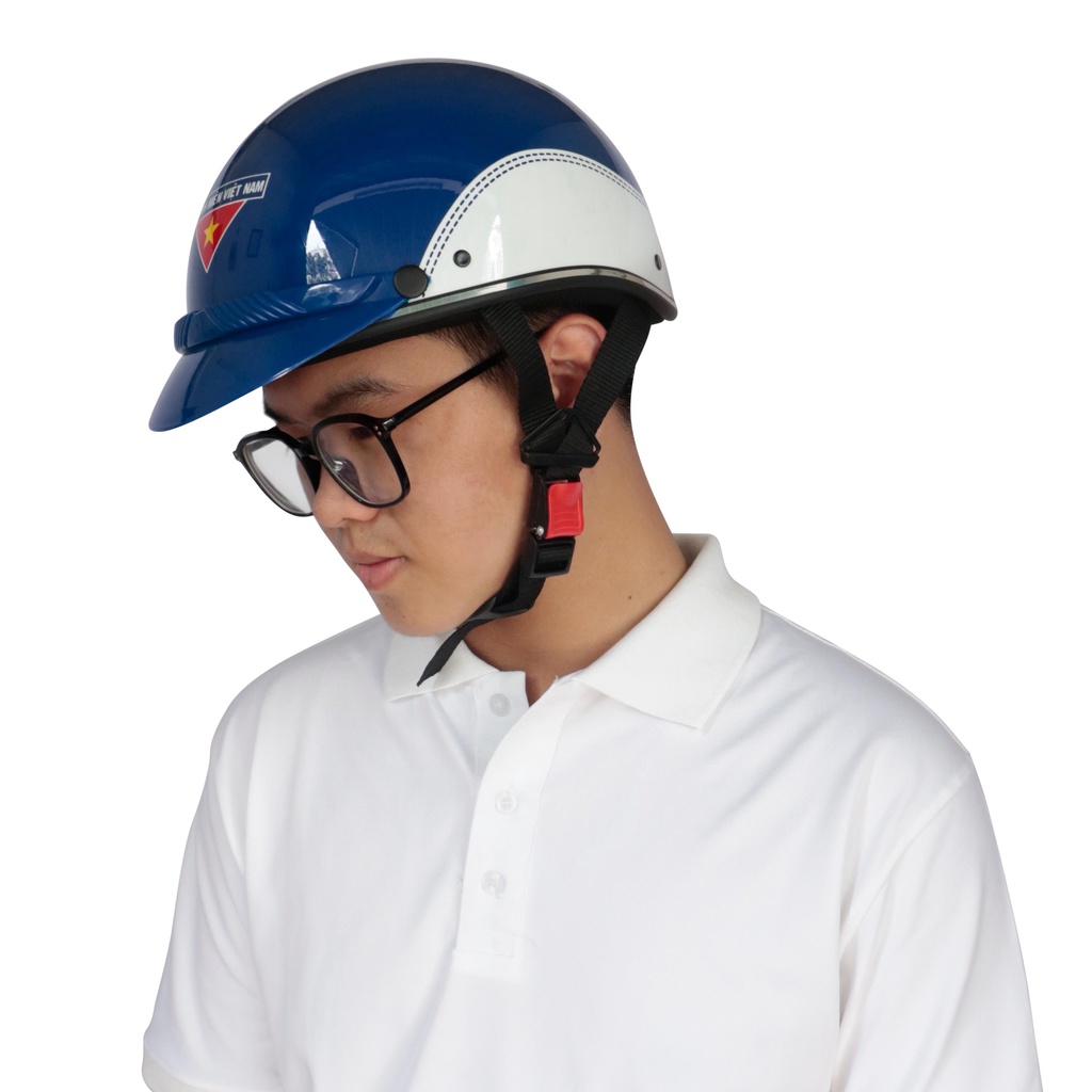 Nón bảo hiểm đoàn MV, mũ bảo hiểm in logo đoàn thanh niên màu trắng - xanh dương