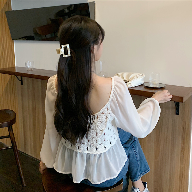 Áo kiểu SUXI phối chiffon tay ngắn phong cách Hàn Quốc thanh lịch thời trang dành cho nữ