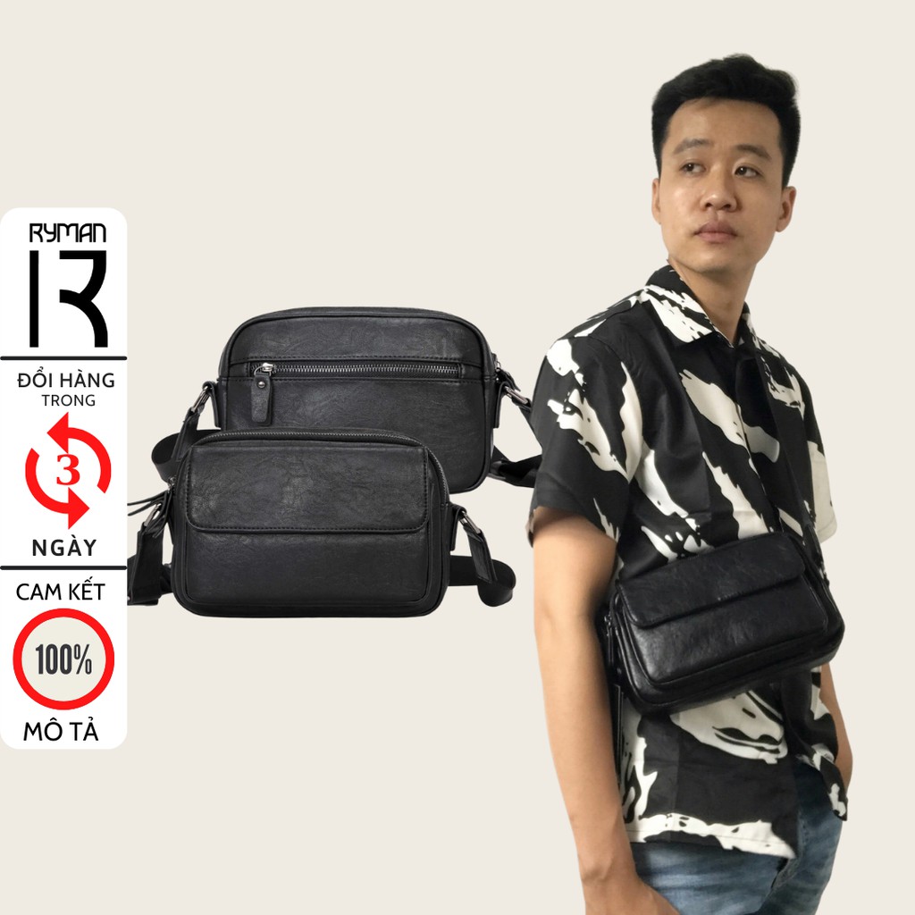 Túi nam đeo chéo đeo vai da PU trơn mềm cao cấp, màu đen 4 ngăn khóa kéo, dây đeo bền đẹp cho học sinh sinh viên đi chơi | BigBuy360 - bigbuy360.vn