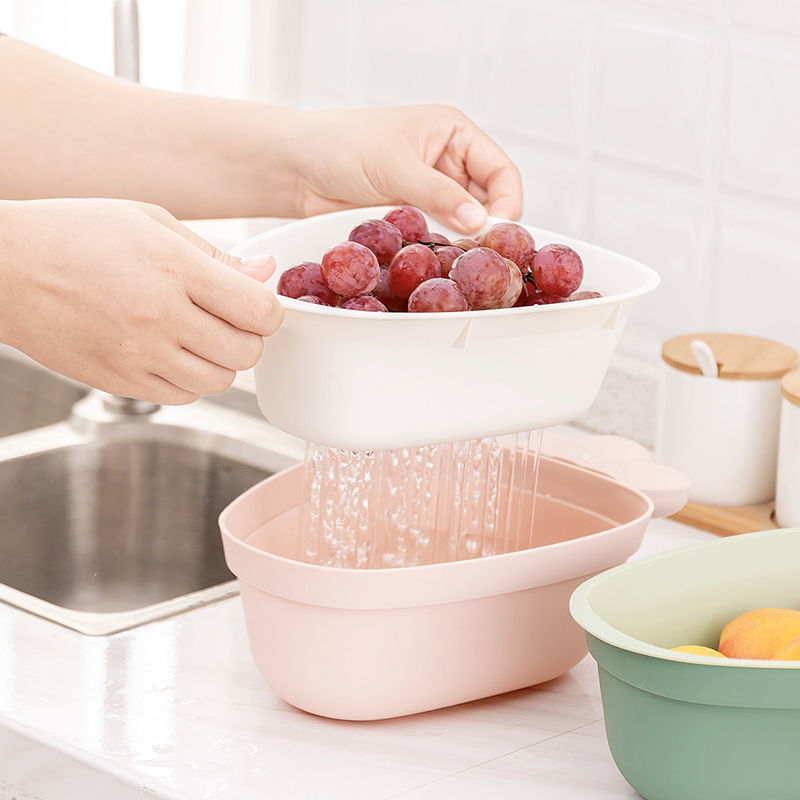 【Really Stock】Fruit basket home Double Layer Drain Wash plate cute kitchen sink drain basket plastic fruit storage tray
