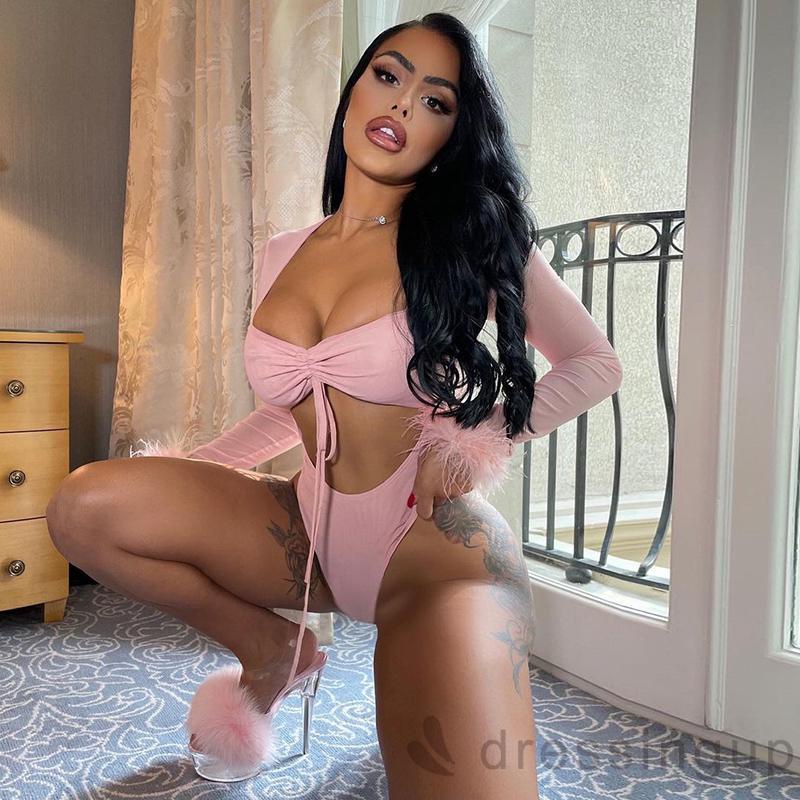 Bộ áo liền quần tay dài phối lưới thời trang cho nữ | BigBuy360 - bigbuy360.vn