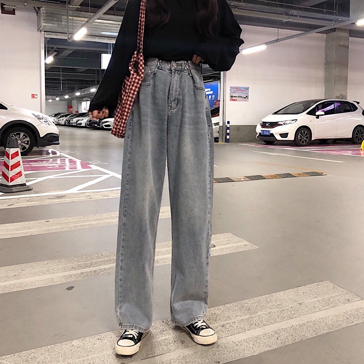 Quần denim ống suông rộng lưng cao trẻ trung năng động