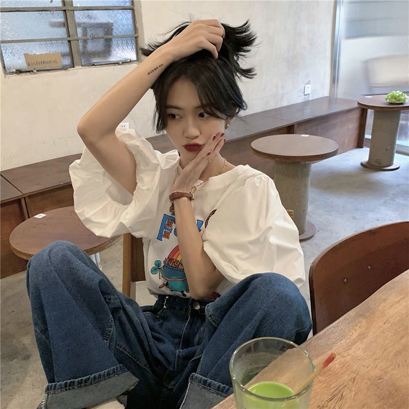 Áo Thun Nữ Tay Ngắn Dáng Rộng in Họa Tiết Hoạt Hình Phong Cách Hàn Quốc