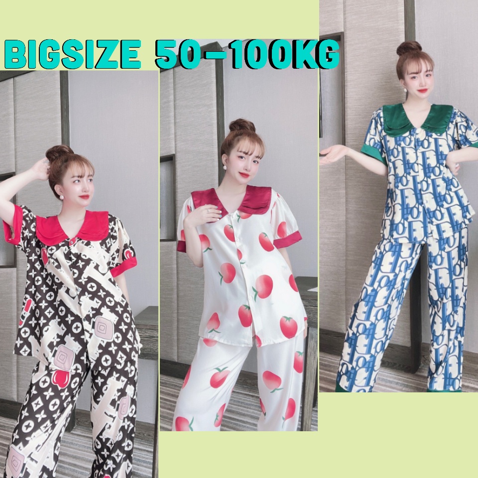 [Bigsize 50-100kg] Bộ Pyjama Dài Cổ Sen Hai Lá Lụa Nhật Mặc Nhà Cho Nàng Múp