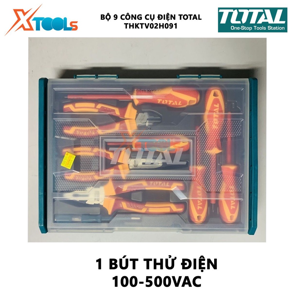 Bộ 9 công cụ cầm tay cách diện TOTAL THKTV02H091 bộ đồ nghề cách điện bao gồm kềm răng, 2 kềm cắt, 5 tua vít, 1 bút thử