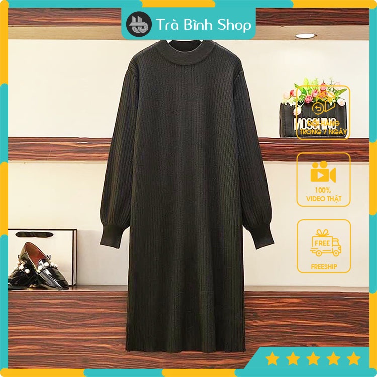 Đầm len tăm tay bo chun dáng suông cổ cao Váy dài form rộng 3 màu giữ nhiệt tốt