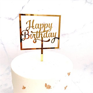 Topper mica Happy Birthday khung CN vàng