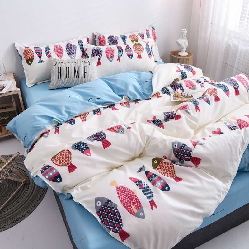 Bộ Drap Giường Chần Bông Đàn Cá Decor Cực Đẹp Cotton M6*2M-M8*2M