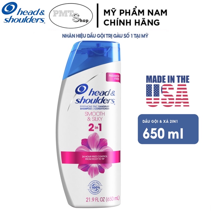 Dầu gội xả Head &amp; Shoulders Mỹ 2in1 Smooth &amp; Silky 650ml sạch gàu