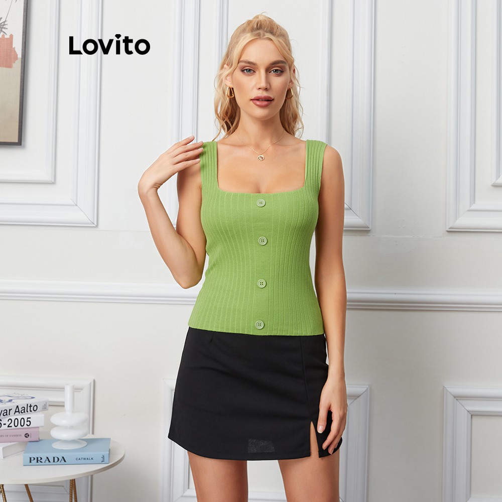 Áo trơn cổ vuông Lovito L09175 (Xanh lá cây)