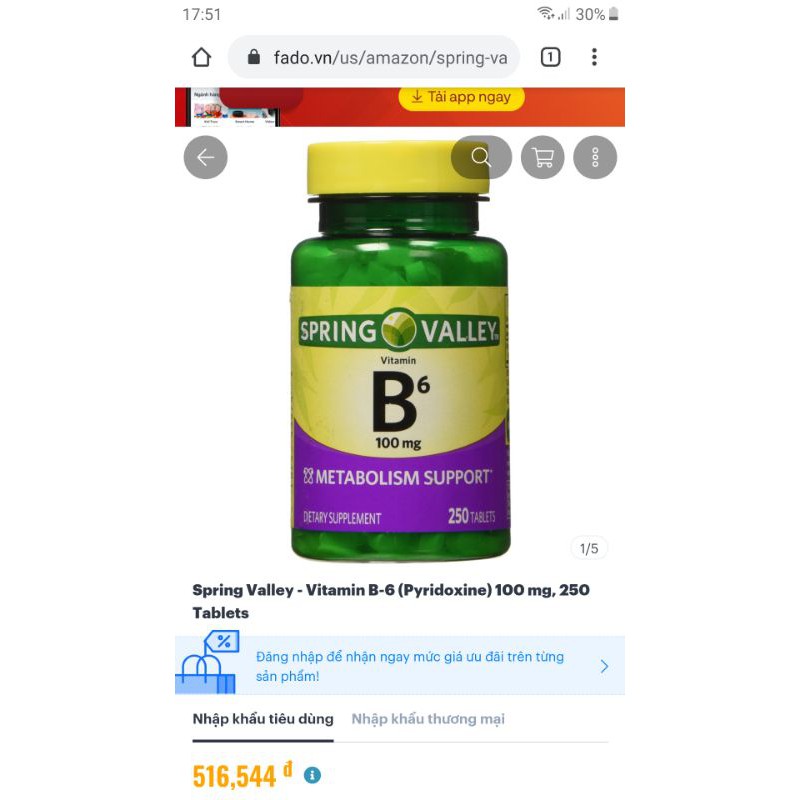 Vitamin B6 Spring Valley 250 Viên Hàng Mỹ Cam Kết Chính Hãng