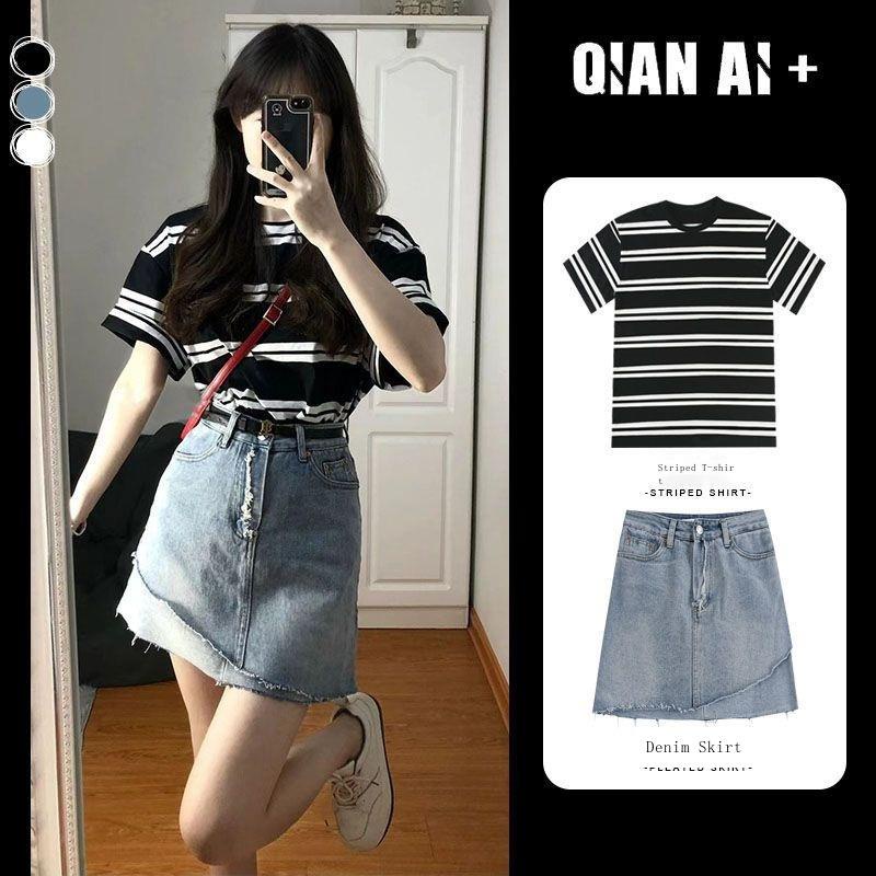 Set Áo Thun Ngắn Tay Sọc Ngang Và Chân váy jean Thời Trang Dành Cho Nữ
