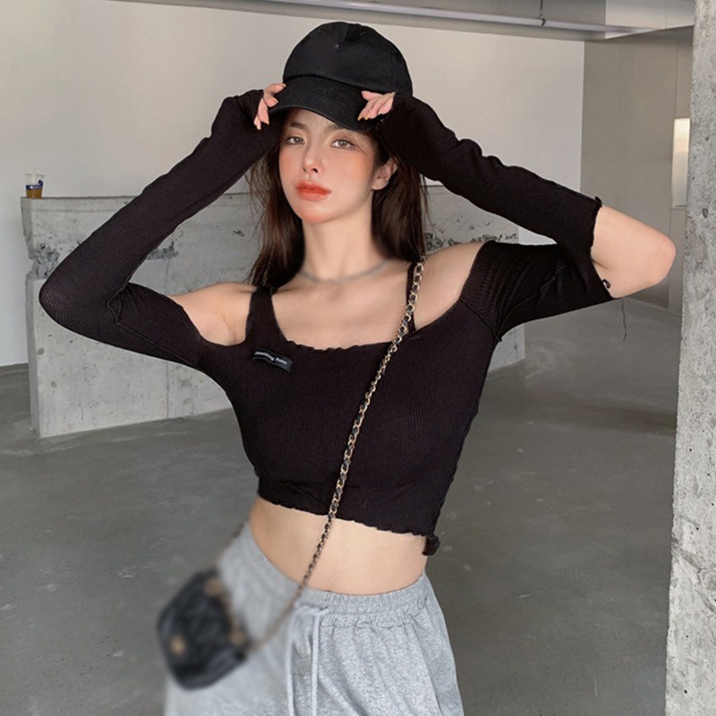 Áo Croptop Trễ Vai Dài Tay Quyến Rũ Cho Nữ