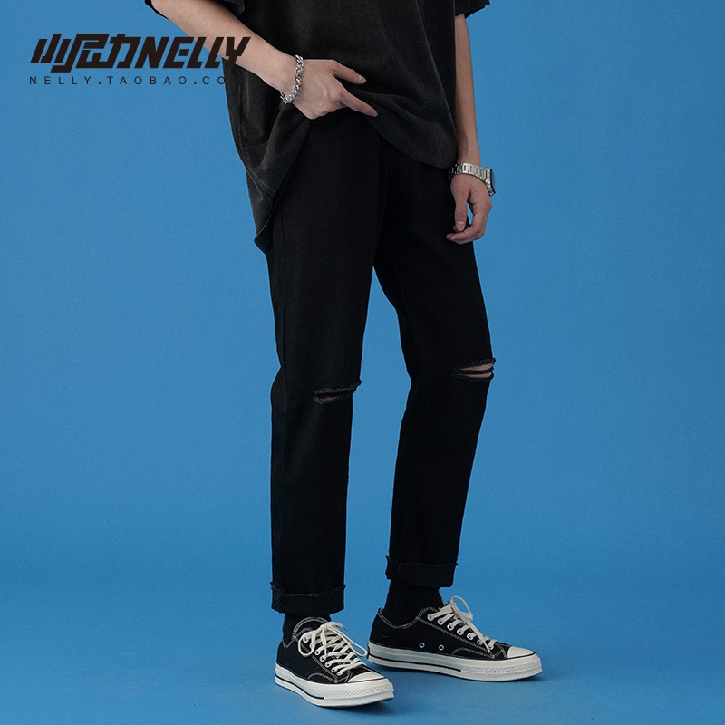 Quần baggy nam nữ đen rách gối , quần jeans ống rộng , dáng xuông , không phai màu phong cách Hàn Quốc | BigBuy360 - bigbuy360.vn