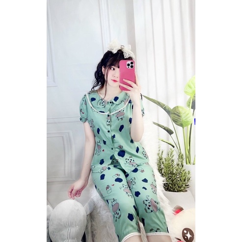 Đồ ngủ ngố lửng mặc nhà hoạ tiết bò sữa cổ sen siêu xinh mát mặc hè