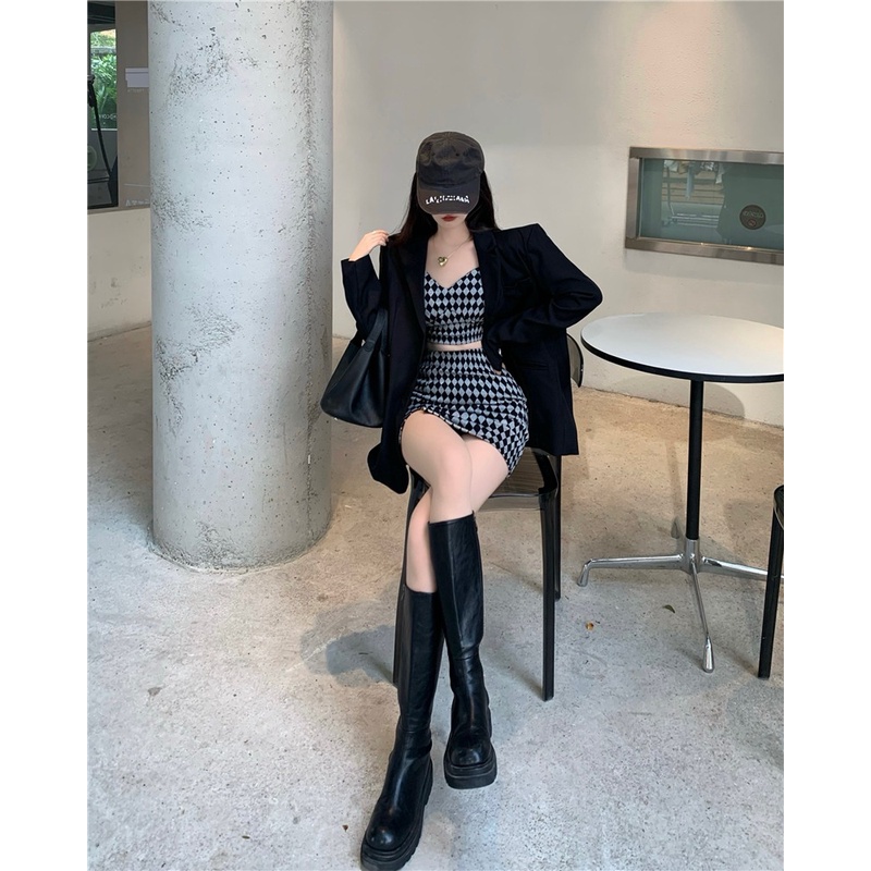 Bộ 2 món ZHELIHANGFEI áo dây dệt kim + chân váy cùng màu kẻ caro