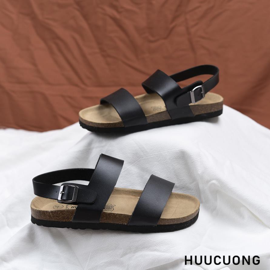 Giày Sandal unisex Huucuong 2 quai màu đen Unisex đế trấu