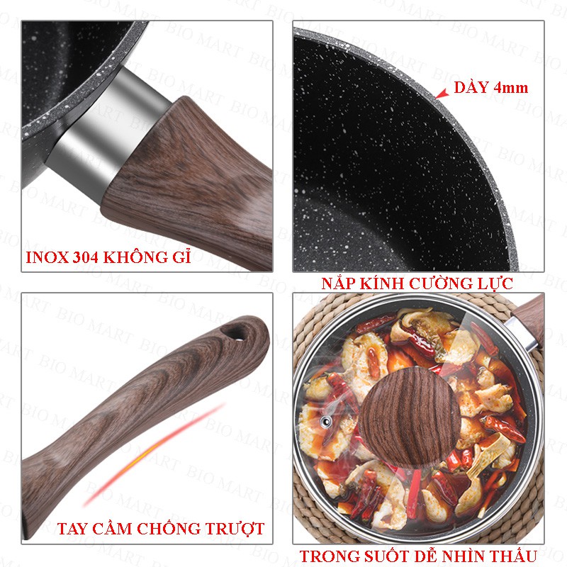 NỒI CHỐNG DÍNH - NỒI QUÁNH VÂN ĐÁ ĐÁY TỪ CHỐNG DÍNH - Có nắp đậy kính cường lực - Tiện lợi cho chiên, xào, kho thức ăn